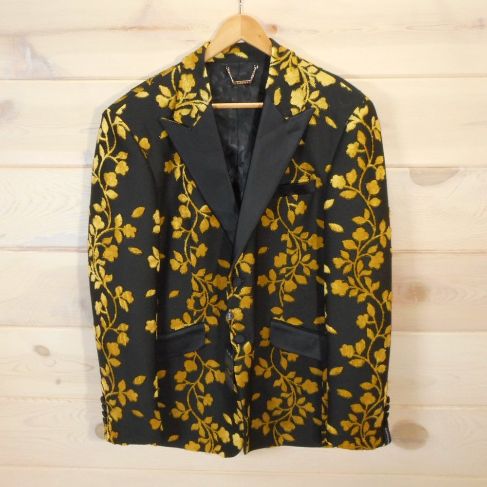 Barabas Men's Slim Fit 40 R/M Tuxedo Jacket NWT Floral Leaf Black Gold Party
